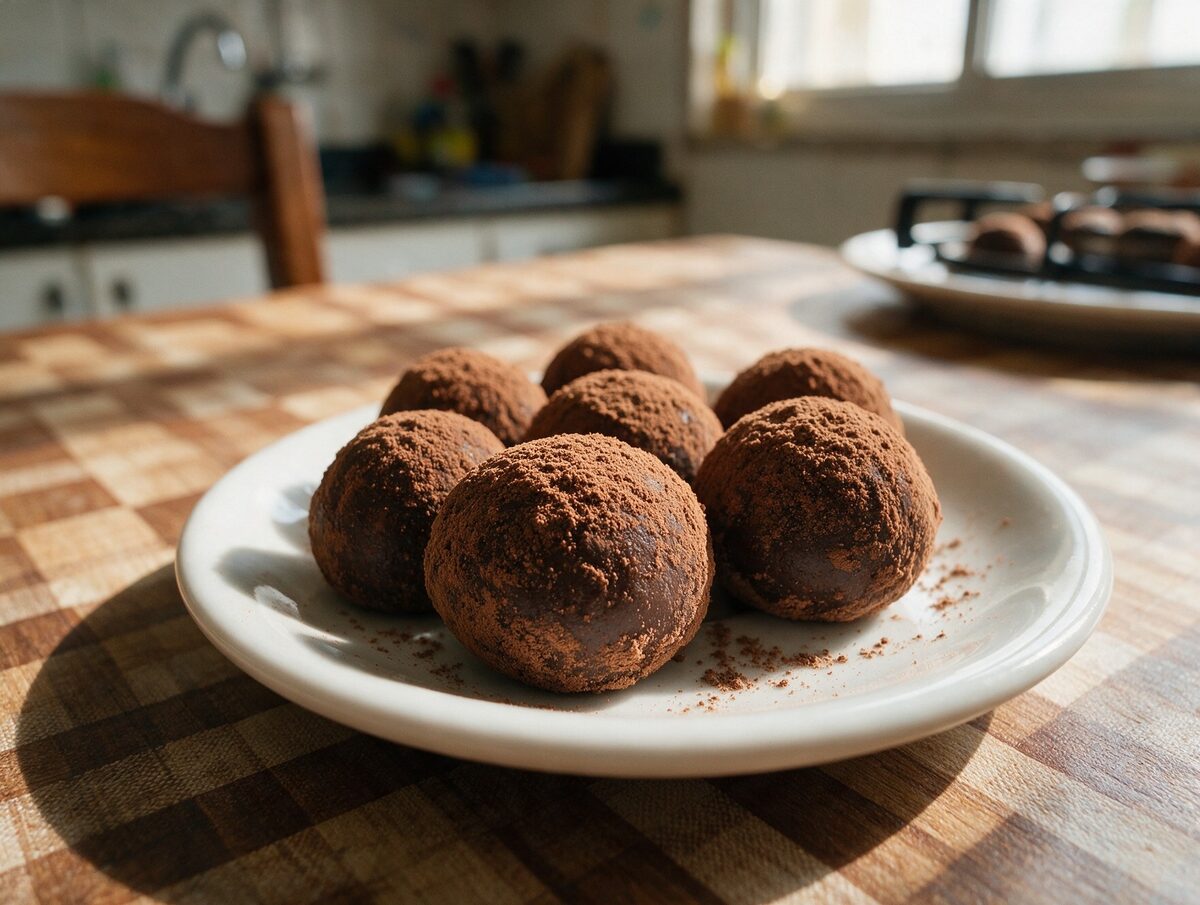 Brigadeiros de banana e cacau num prato
